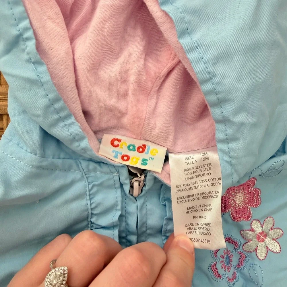 Vintage Cottagecore Baby Girl Blue Floral Ruffle Hooded Jacket 12M Heart Zipper